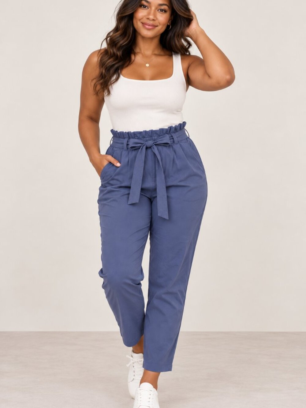 Athleta Skyline Pant Slate Blue Paperbag Waist Tie Belt Pants
